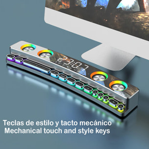 SH39 Soundbar Bluetooth 5.0 con tasti meccanici, schermo e luce RGB. Batteria da 3600 mAh. Giochi, home cinema.