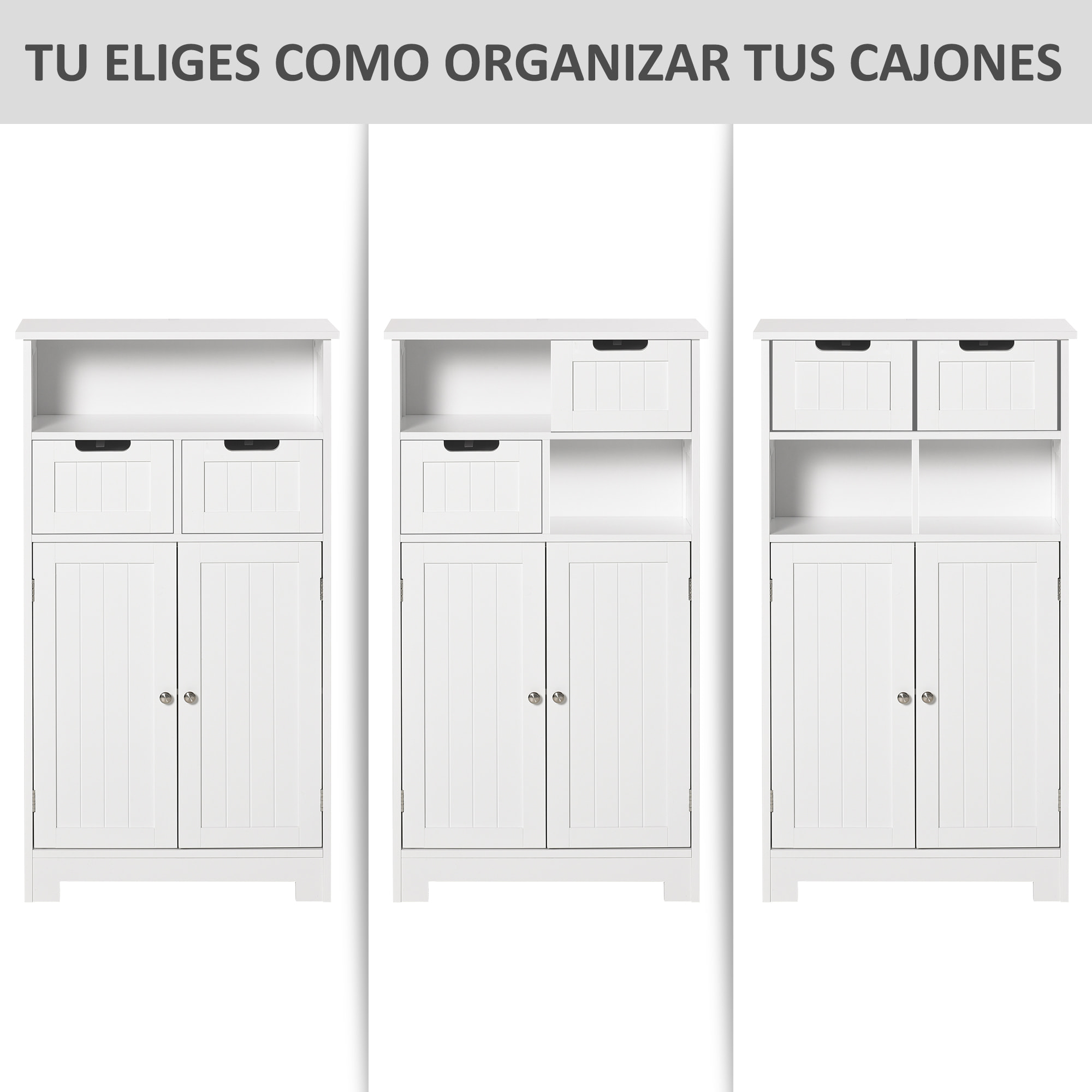 kleankin Armario de Baño con 2 Puertas Estante Ajustable 2 Cajones y Compartimento Abierto Mueble Auxiliar de Almacenaje para Salón Cocina 60x30x108,8 cm Blanco