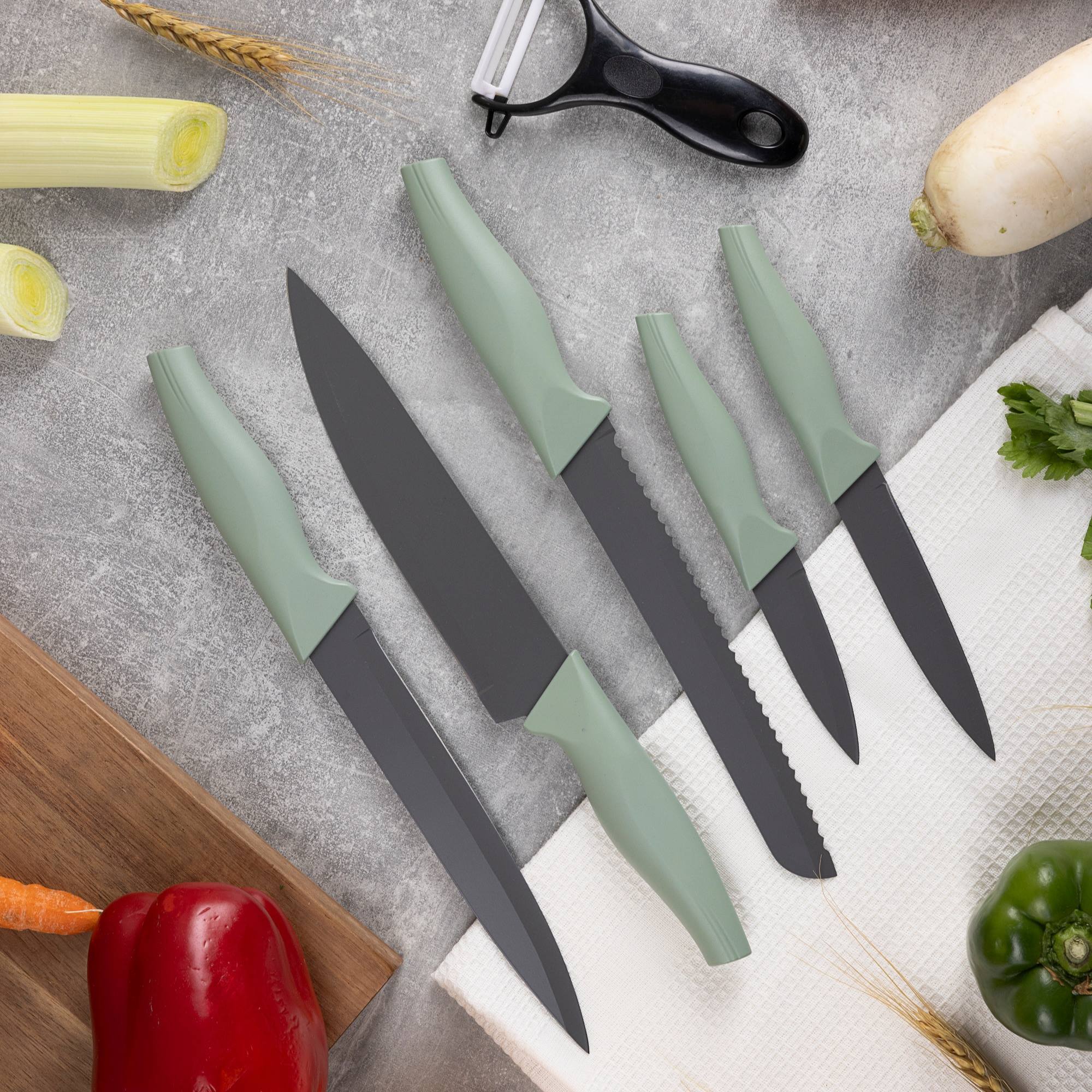 Juego de 5 cuchillos acero inoxidable + pelador de revestimiento antiadherente cedar san ignacio