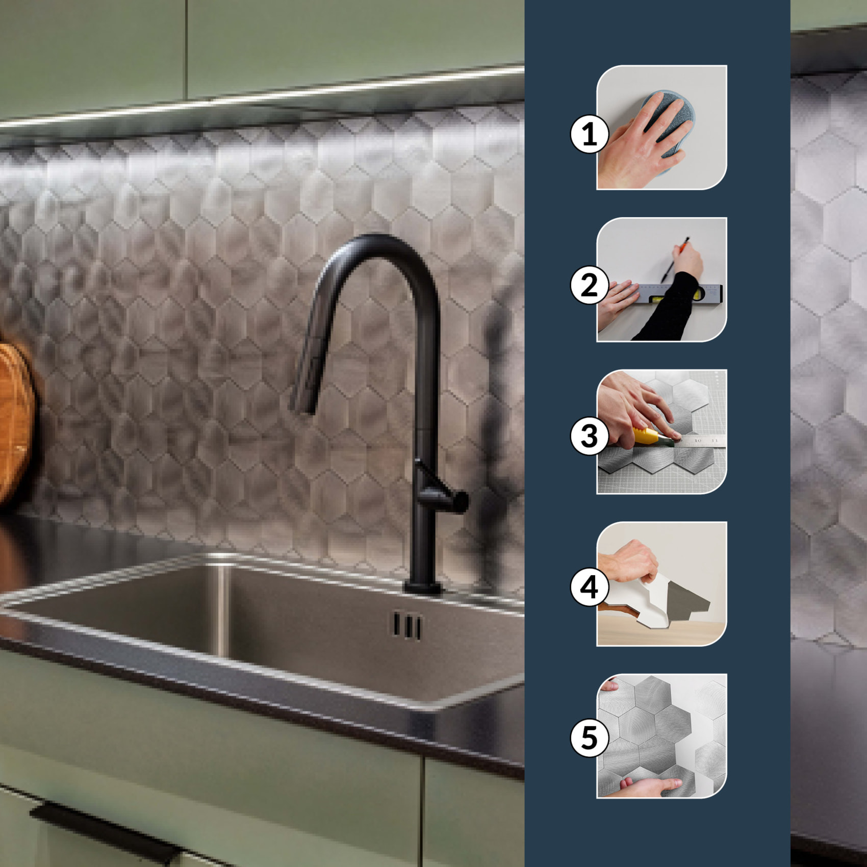 Crédence adhésive murale 3D  - Effet carrelage hexagonal 4 pièces - Argent