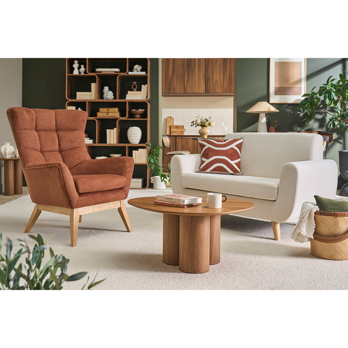 Fauteuil scandinave en tissu chenille terre brûlée et bois clair BRODY