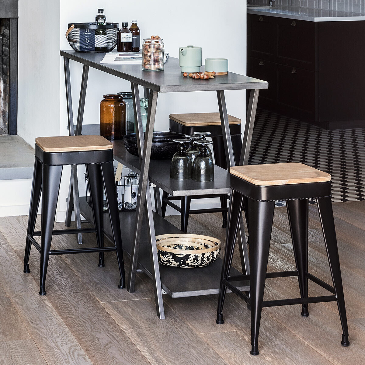 Lot de 2 tabourets bas de bar "Joris" noir - métal & bois
