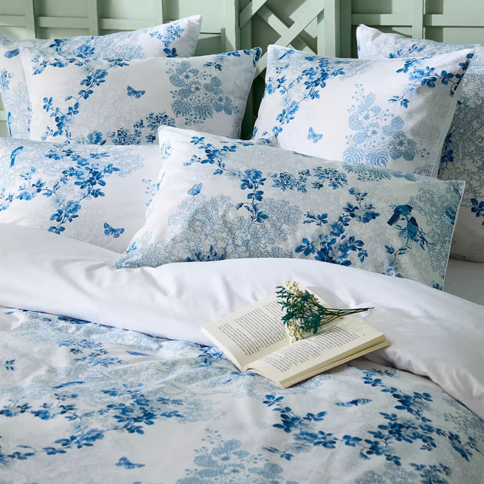 Taie d'oreiller percale de coton imprimé blanc bleu Voliere bleu