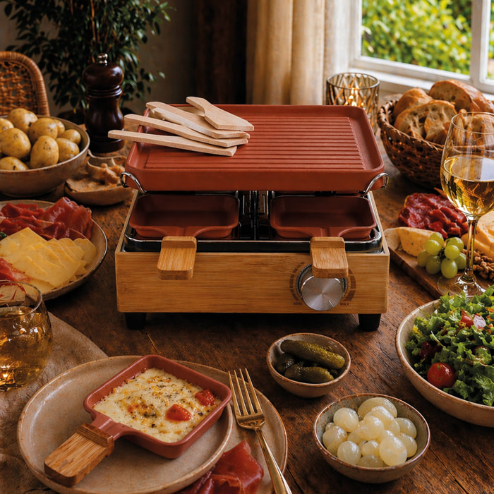 Appareil à raclette 4 personnes en aluminium brique et bambou