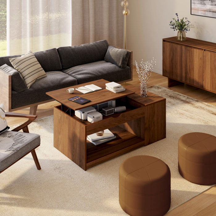 Table basse Elina relevable coffre latéral bois effet noyer