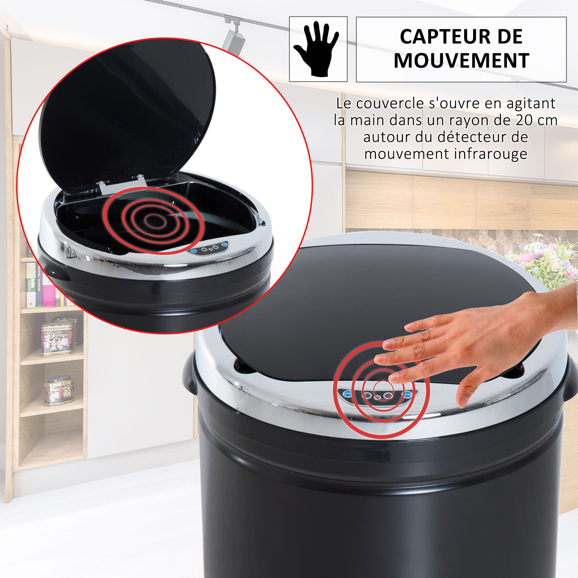 Poubelle automatique détecteur de mouvement 50L bac amovible acier inox. noir