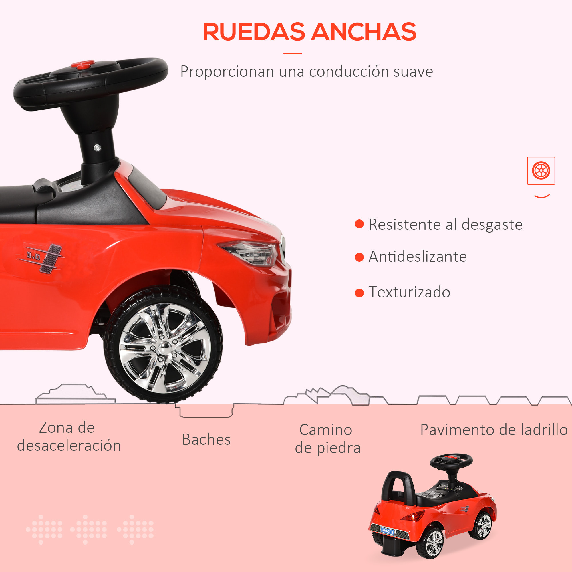 Coche Correpasillos para Niños 18-36 Meses con Faros Música 63,5x28x36 cm Rojo