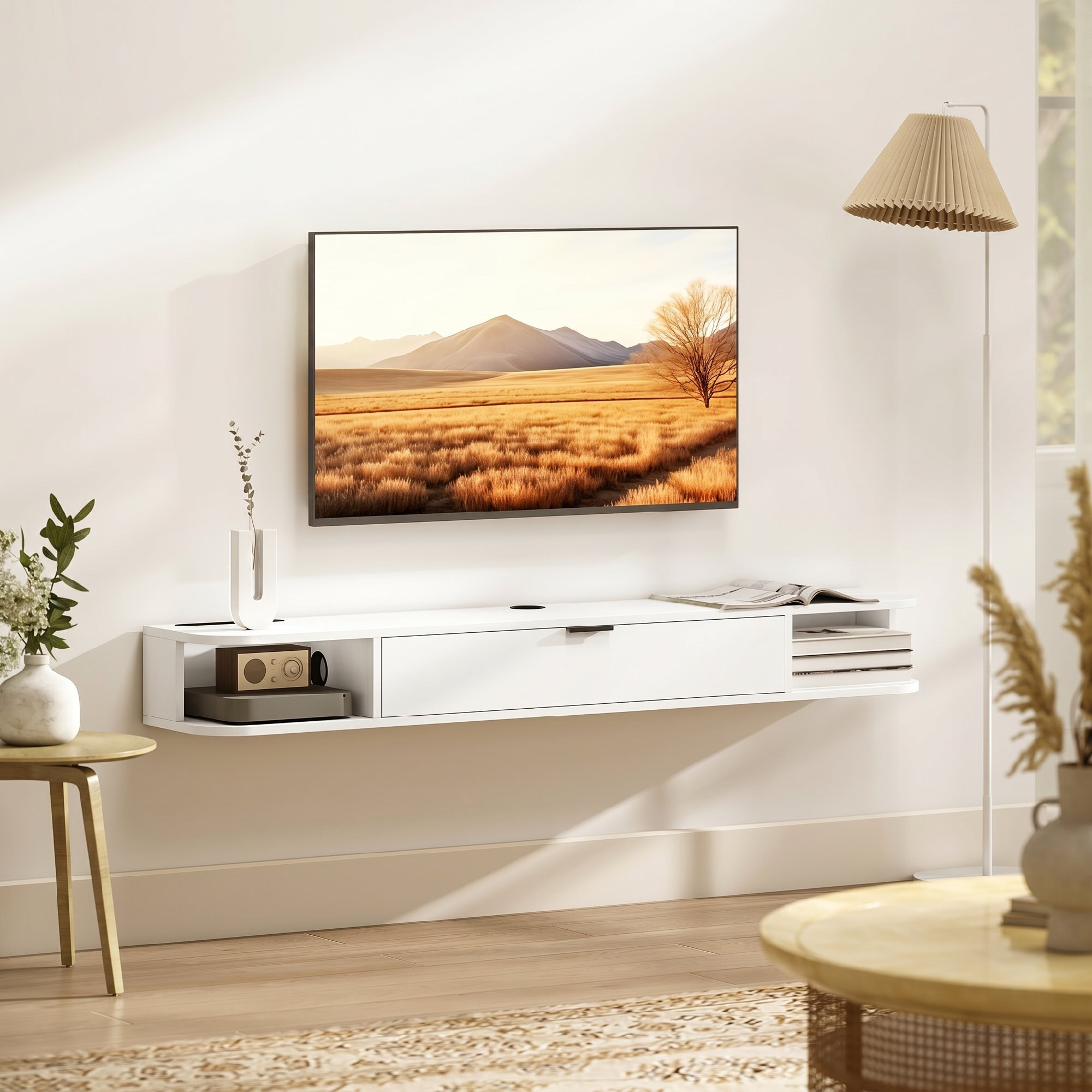Meuble TV suspendu 140cm - porte, 2 niches, espace routeur, passe-fils - effet bois blanc