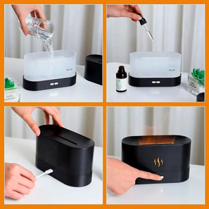 Diffusore di aromi con effetto fiamma, 9 colori, 2 impostazioni di luminosità e capacità di 180 ml. Consente oli essenziali non corrosivi.