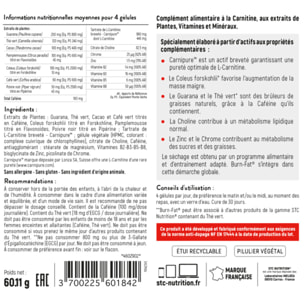 STC NUTRITION - Burn Fat - Brûle-graisses extrême - Formule renforcée - Accélère la perte de masse grasse & Favorise l'augmentation de masse maigre - 120 gélules végétales