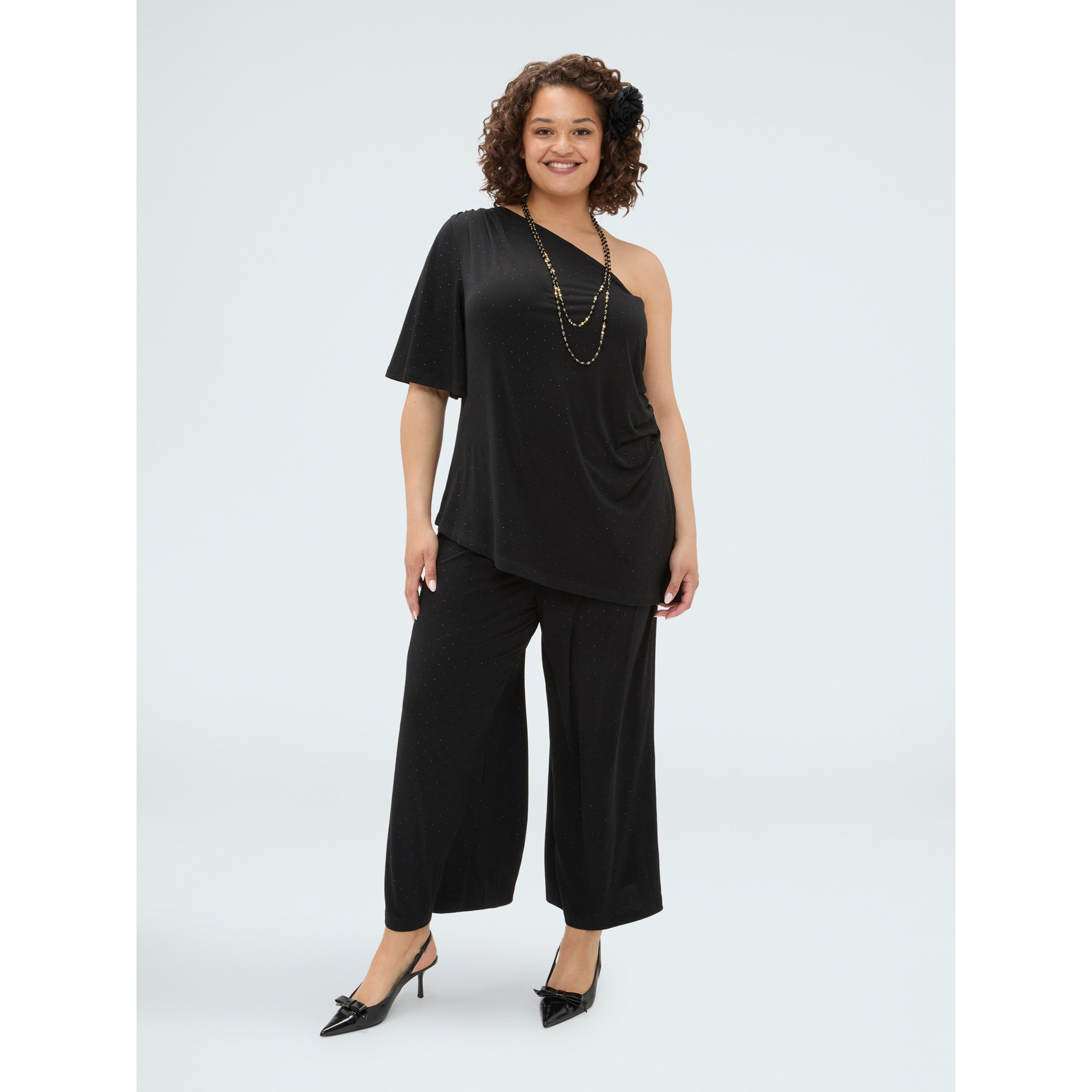 Fiorella Rubino - T-shirt monospalla in jersey con punti luce - Nero