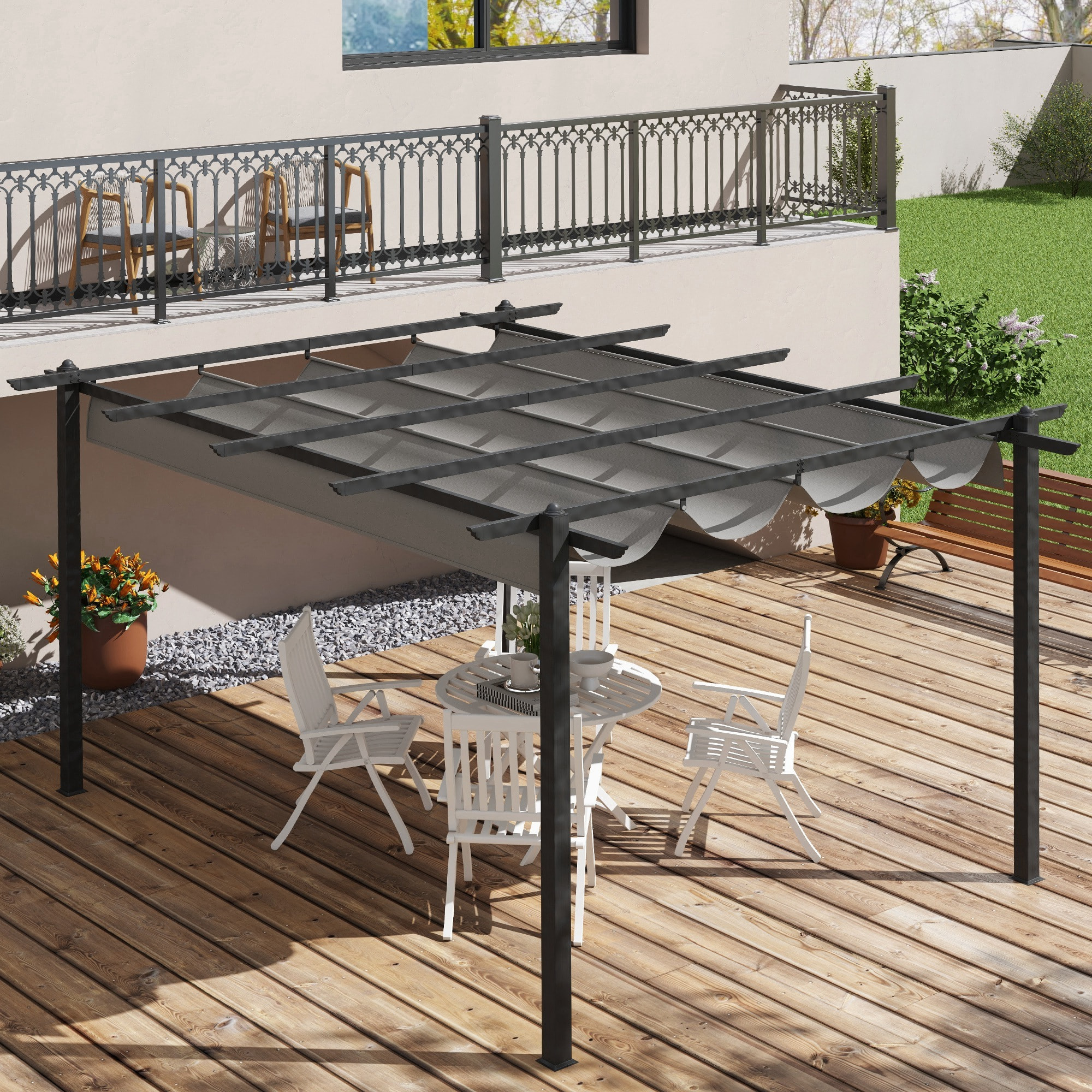 Pérgola con Techo Retráctil Pérgola de Aluminio 4x3 m Cenador con Tela de Poliéster Resistente al Agua Pabellón para Jardín Patio Terraza Exterior Gris