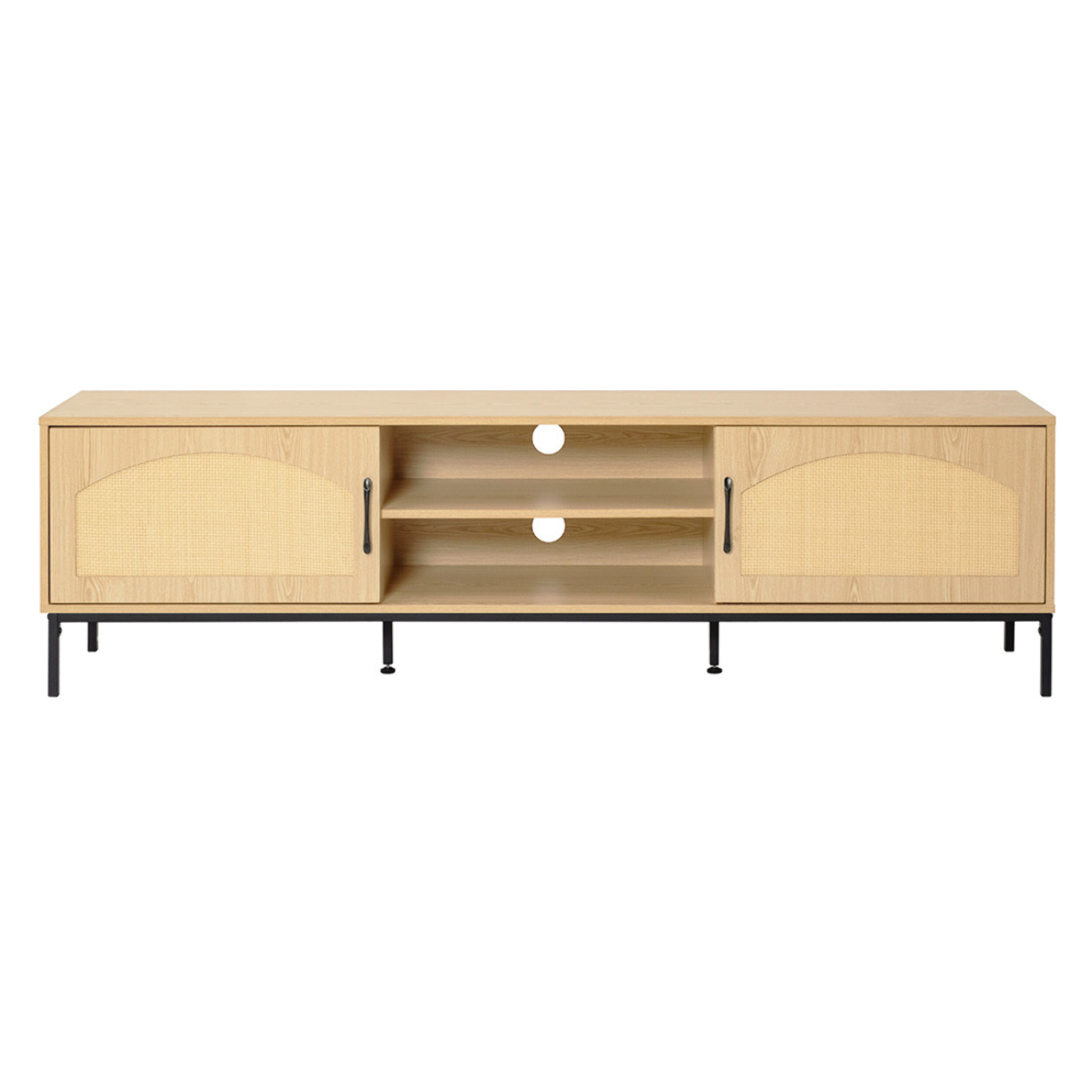 Nagato - meuble tv - cannage et effet bois - 2 portes et 2 niches -180 cm - Bois / Noir