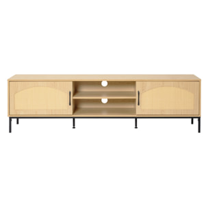 Nagato - meuble tv - cannage et effet bois - 2 portes et 2 niches -180 cm - Bois / Noir