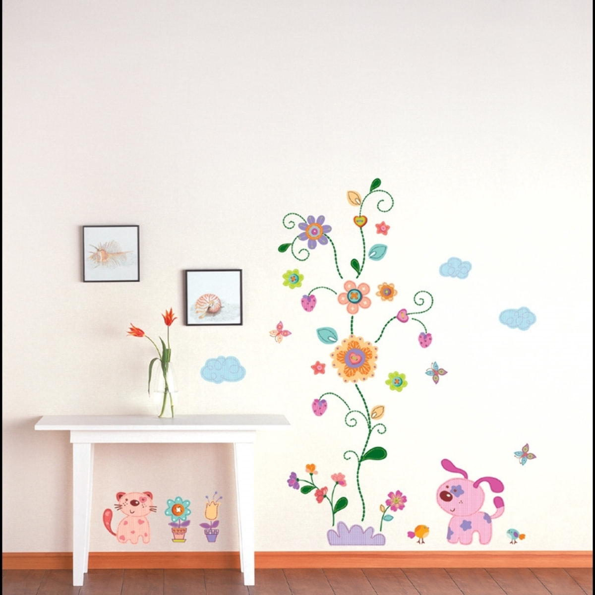 Stickers Muraux décoration adhésifs Fleurs et chiots