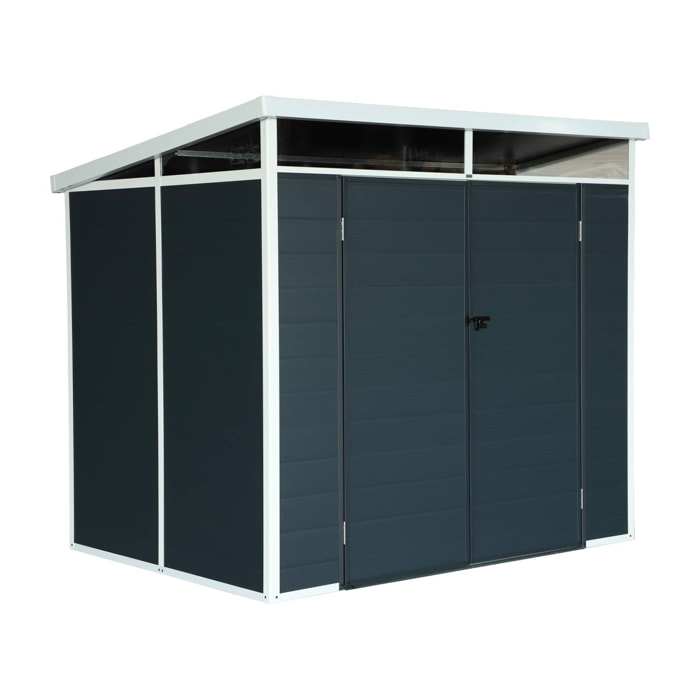 Abri de jardin plastique 4.55 m². anthracite. avec toiture monopente skylight. fenêtre et grande porte d'entrée. 238 x 190 x 215 cm