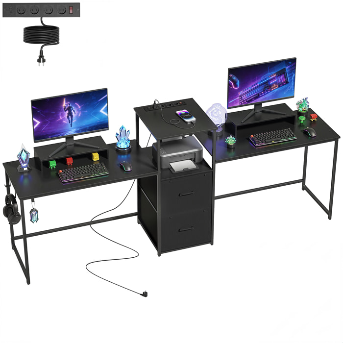 Mesa Gaming Doble, Escritorio Extralargo de 244 cm, Mesa Gamer con Estación de Carga, Puertos USB, Soportes para Monitor, Cajones de Tela y Ganchos para Auriculares, Negro