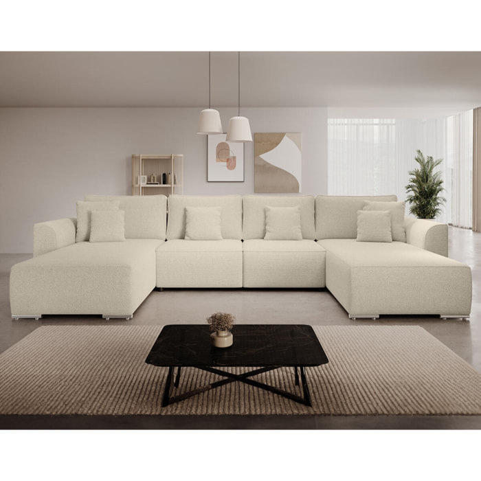 Gabriel - Canapé panoramique en U 7 places convertible avec coffre en tissu texturé - Beige