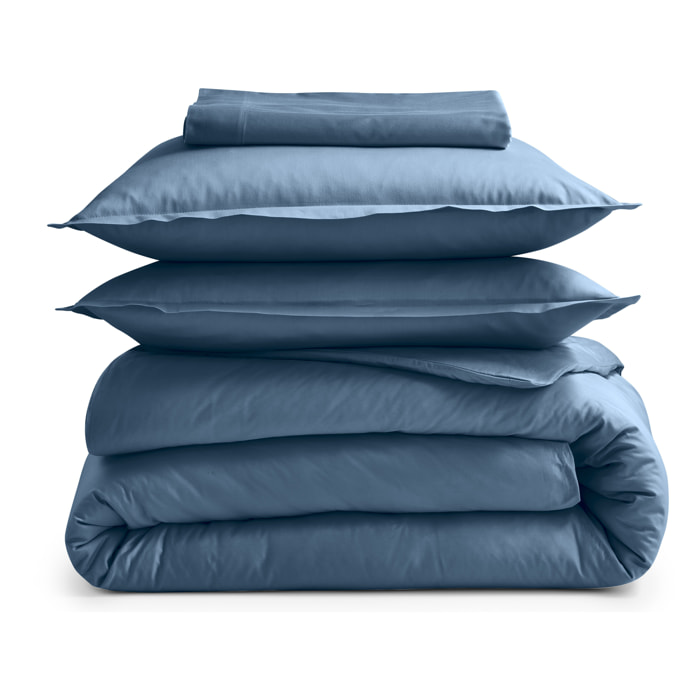 Drap plat piqué uni en percale de coton - Bleu Pétrole