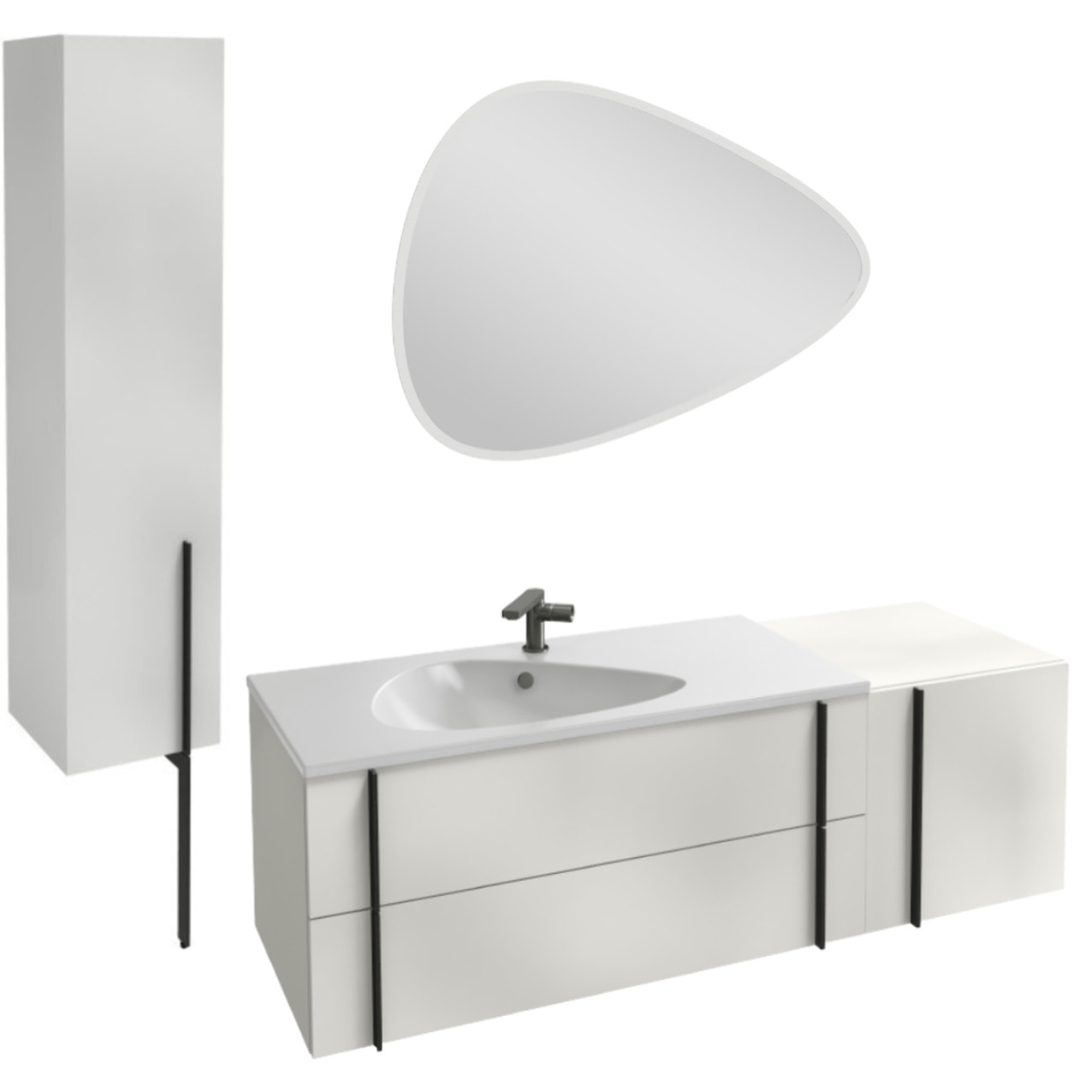 Meuble de salle de bain 145 cm Nouvelle Vague blanc brillant + tiroir rack + colonne version gauche + miroir