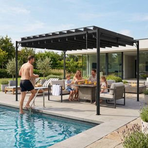 Pérgola de Jardín 3x4 m, Cenador de Jardín con Techo de Lamas Orientables, Estructura de Metal, Protección UPF50+, Pabellón para Exterior, Patio, Terraza, Gris Oscuro