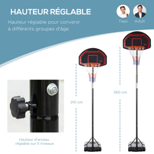 Panier de Basket-Ball sur pied avec poteau panneau - base de lestage sur roulettes - hauteur réglable 5 niveaux 2,45-2,95 m - acier HDPE noir rouge