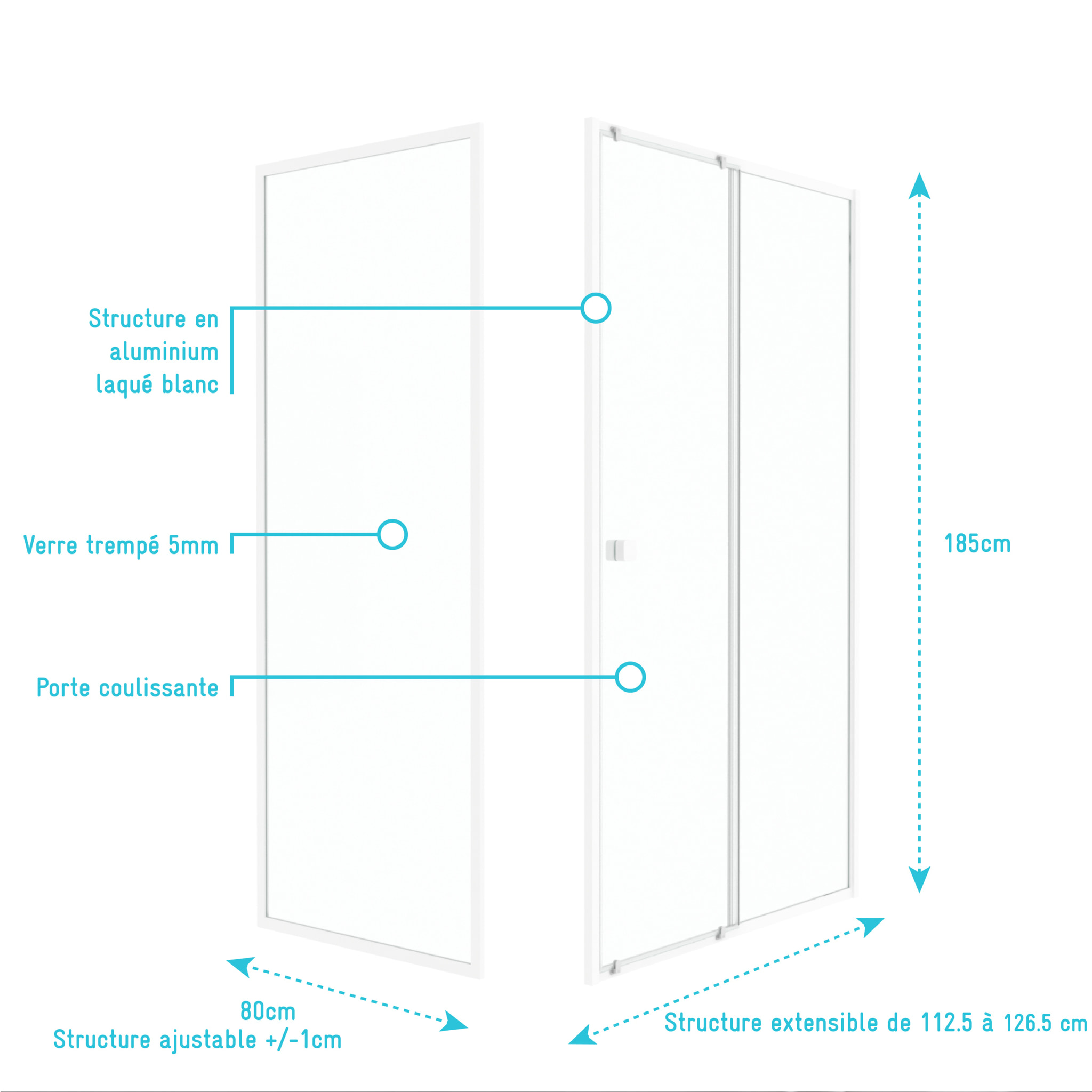 Pack porte de douche Coulissante blanc 120x185cm + retour 80 verre transparent 5mm - WHITY slide 120