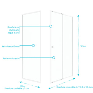 Pack porte de douche Coulissante blanc 120x185cm + retour 80 verre transparent 5mm - WHITY slide 120
