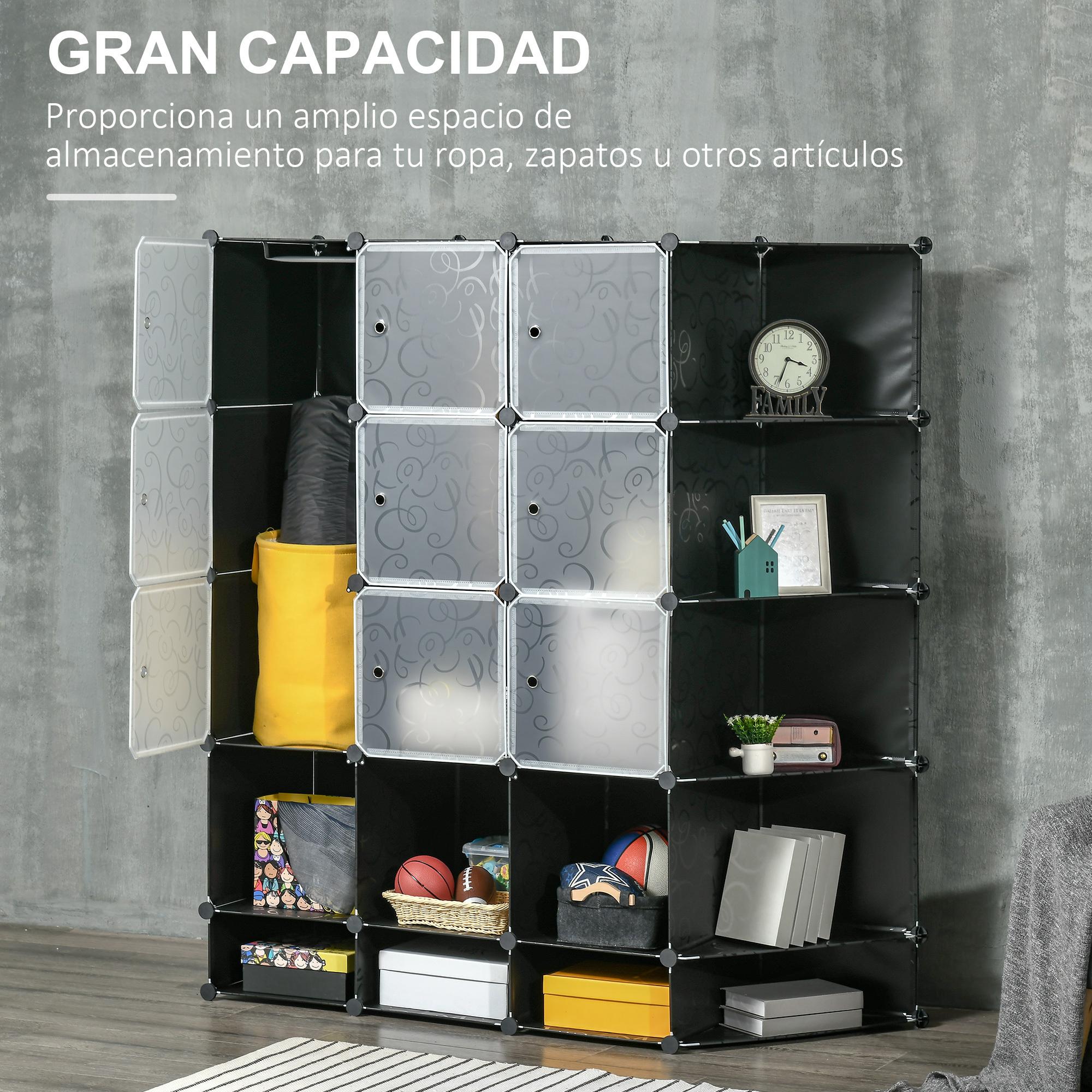 HOMCOM Armario Modular de Plástico Armario Portátil con 16 Cubos y 2 Barras Organizador de Zapatos Ropas Juguetes para Entrada Pasillo Dormitorio 145x46x162 cm Negro y Blanco