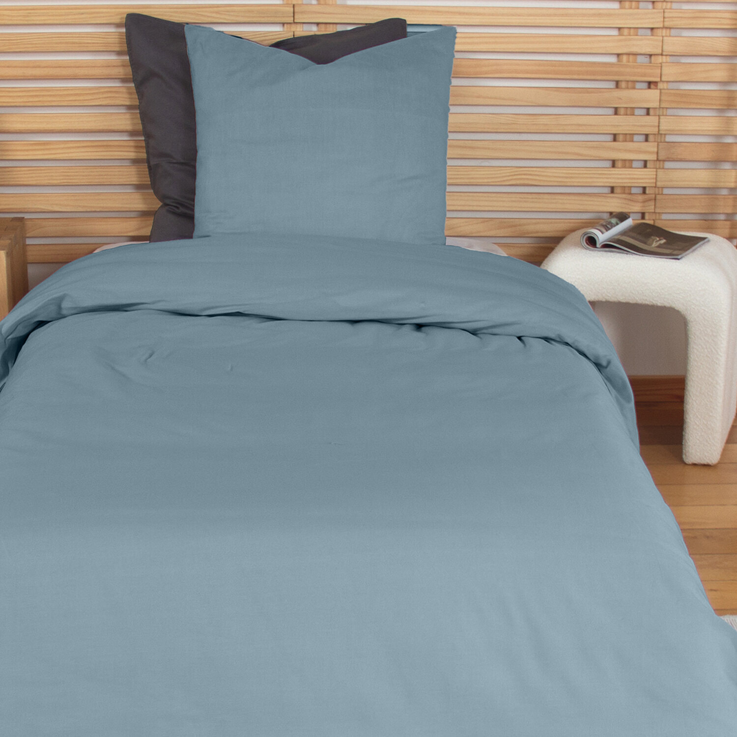 Parure housse de couette coton bleu fumé