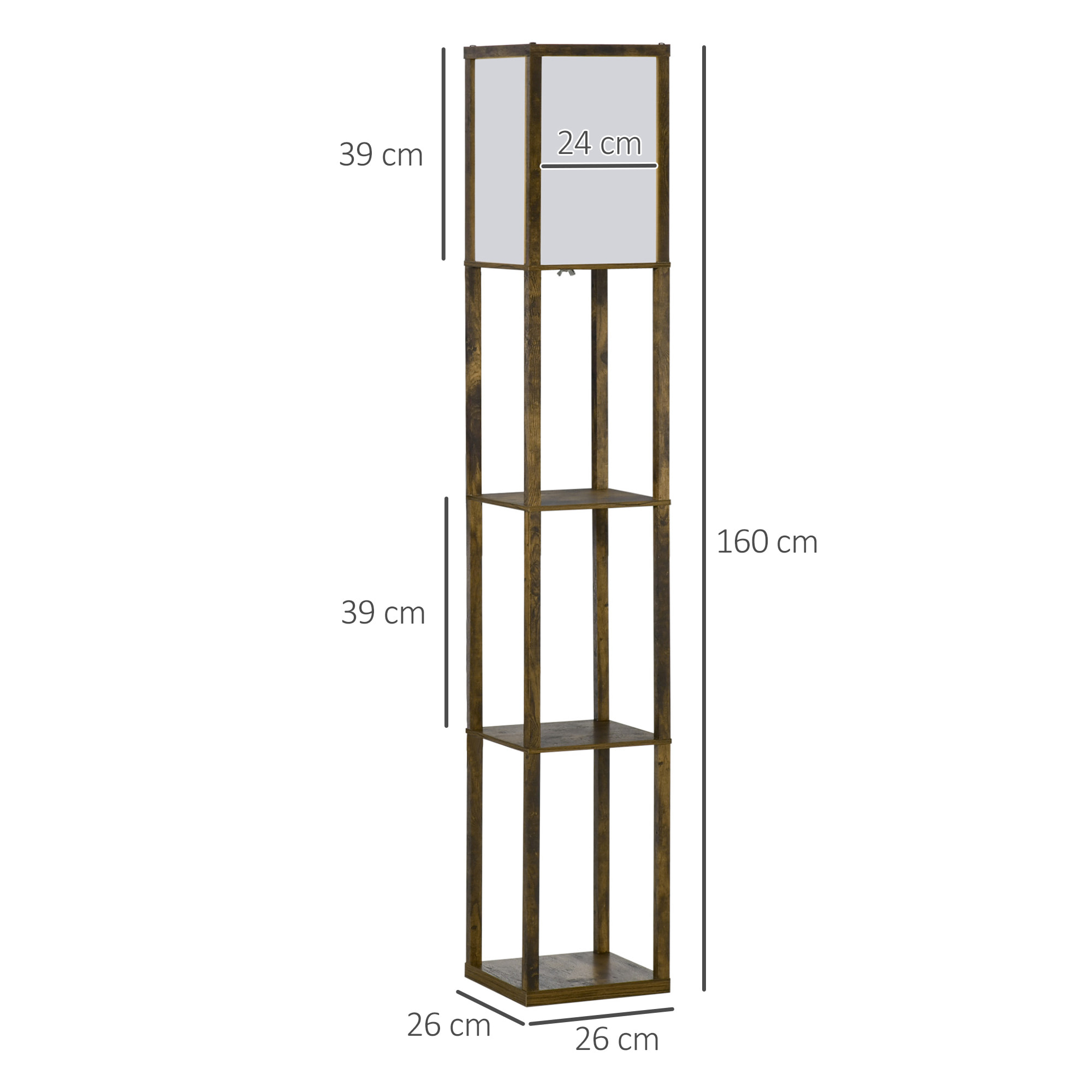 Lampadaire étagère lampe étagère 26L x 26l x 160H cm 3 étagères 4 niveaux MDF aspect bois vieilli