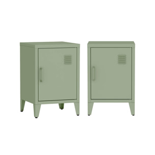 Lot de 2 tables de chevet en acier 1 porte. Vert. casier. L 38 x P 38 x H 55.7 cm