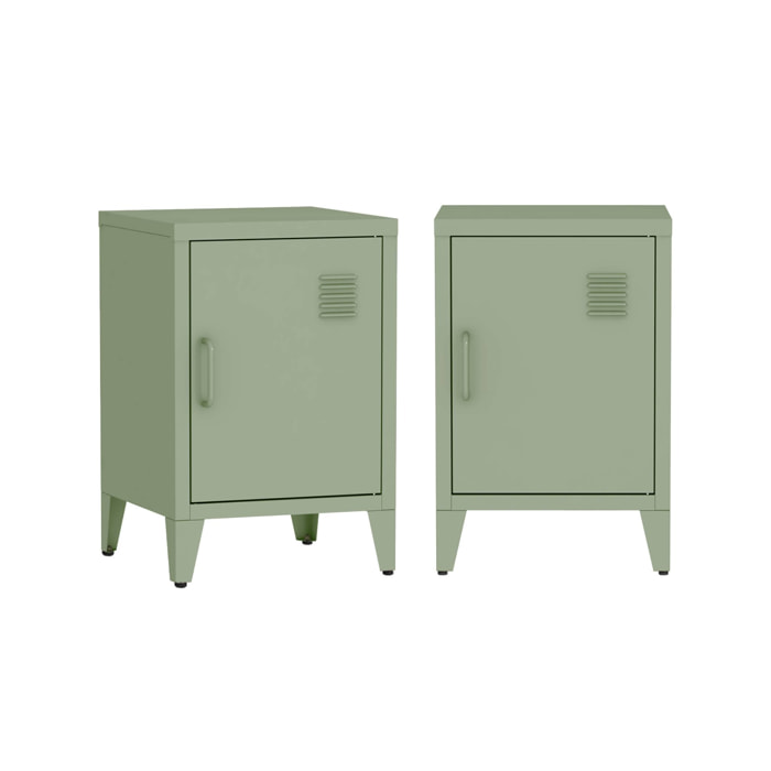 Lot de 2 tables de chevet en acier 1 porte. Vert. casier. L 38 x P 38 x H 55.7 cm