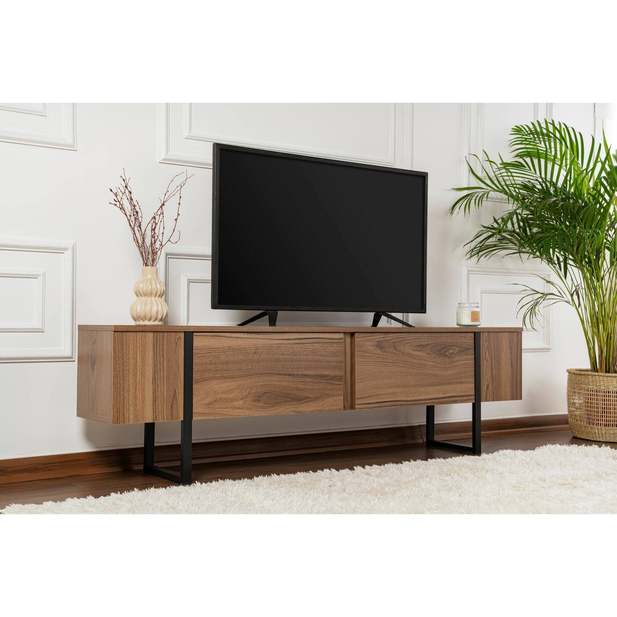 Mobile porta TV Tarquin, Credenza da soggiorno, Armadio basso per TV, Base parete attrezzata, 180x30 h50 cm, Noce e Nero