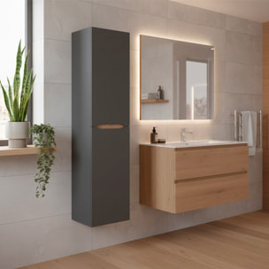 Colonna Da Bagno Sospesa Con 2 Ante E 2 Mensole Regolabili Mobile Alto In Melaminico Con Chiusura Assistita 135 x 31 x 26 Cm Grigio Antracite E Rovere