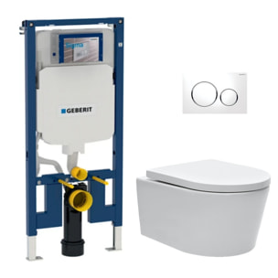 Pack WC sans bride SAT, fixations invisibles + Abattant softclose + Bâti support Geberit Extra-plat UP720 + Plaque Blanche