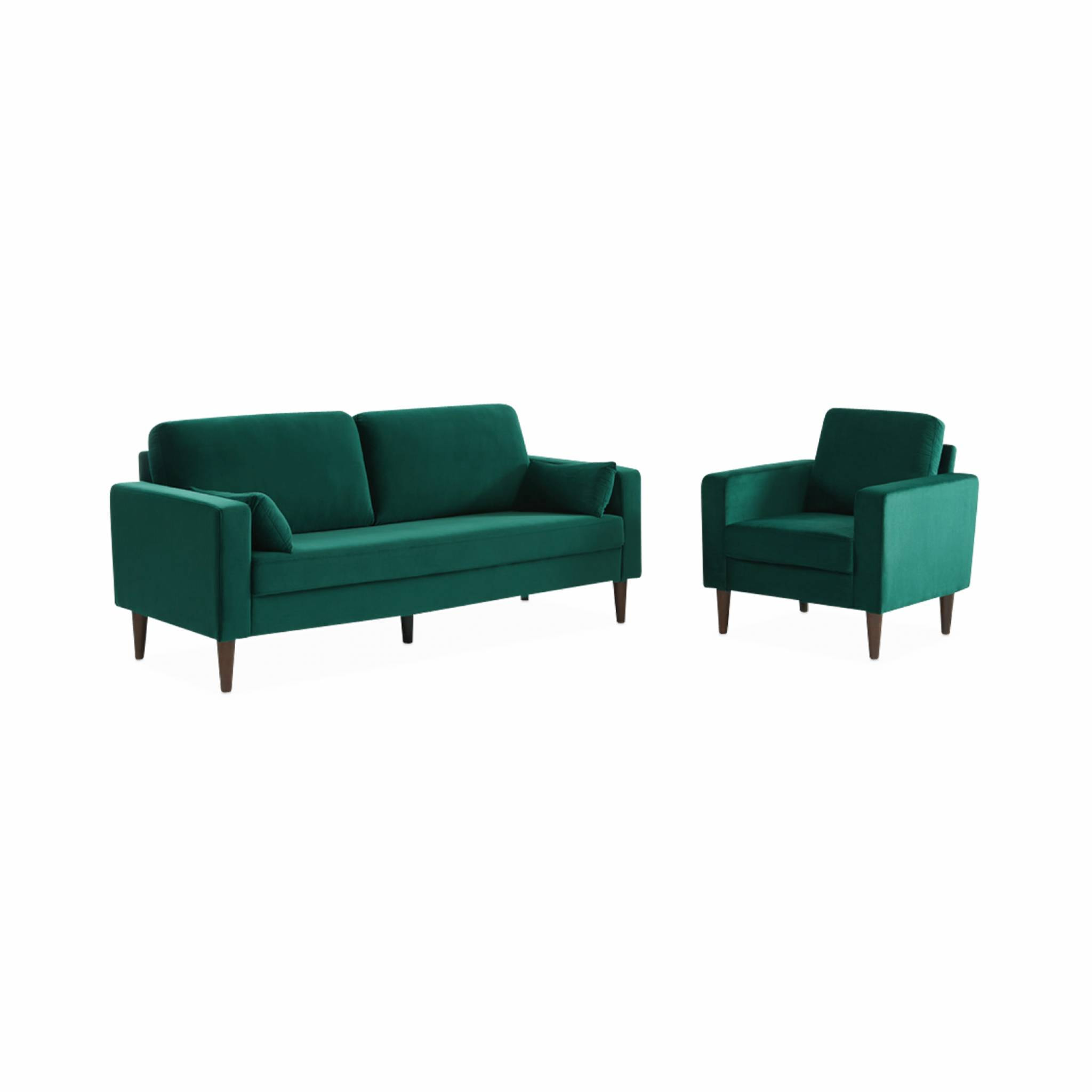 Fauteuil scandinave en velours vert anglais - Bjorn - Canapé 1 place fixe droit pieds bois d'hévéa effet bois de noyer