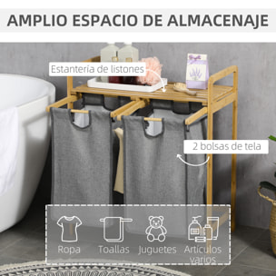 Cesto de Ropa Sucia de Bambú Cesto para la Colada Cesta de Lavandería con 2 Bolsas Extraíbles y Estante para Dormitorio Baño Lavadero 63,5x33x73 cm Natural y Gris