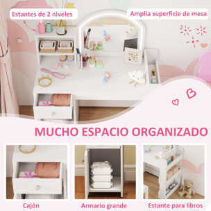 Tocador de Maquillaje Niña, Tocador Infantil con Taburete y Espejo con Luces LED, 1 Cajón, Armario y 5 Estantes, para Niños de 3 a 8 Años, Blanco