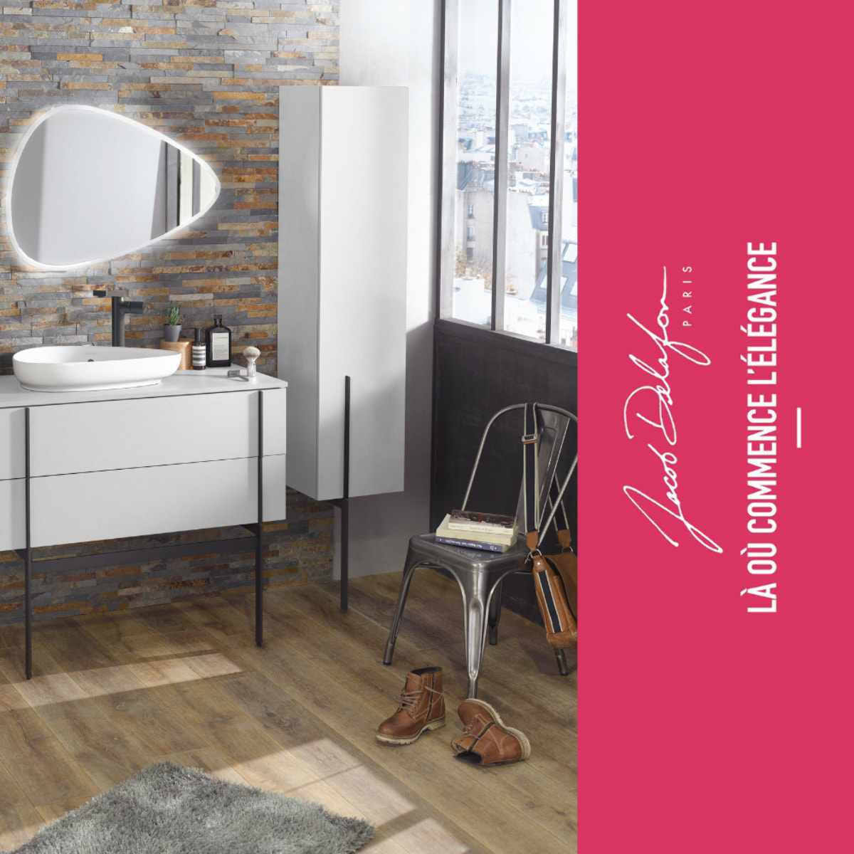 Meuble de salle de bain 145 cm Nouvelle Vague blanc brillant + tiroir rack + colonne version droite + miroir + pied