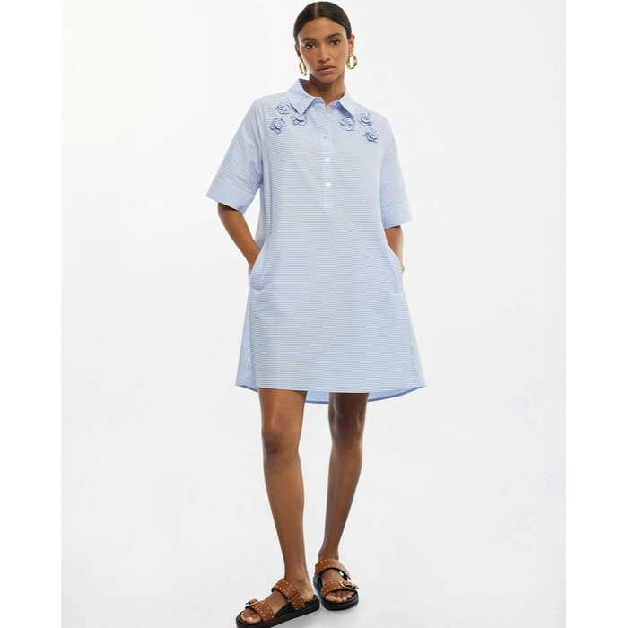 Abito corto in popeline con fiori ricamati e righe