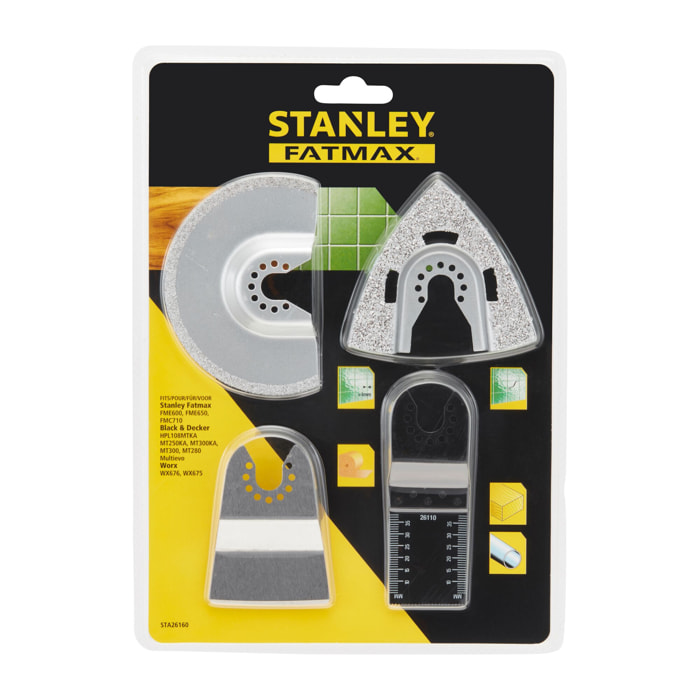 Stanley Lot de 4 accessoires (lame à concrétion 92mm, lame à concrétion 78mm, grattoir rigide, lame bi-métal 32mm)