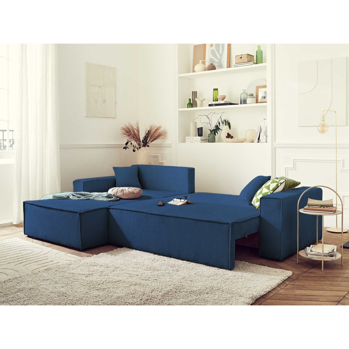 Dellia - canapé d'angle réversible convertible - avec coffre - en velours côtelé - 4 places - Bleu Ardoise