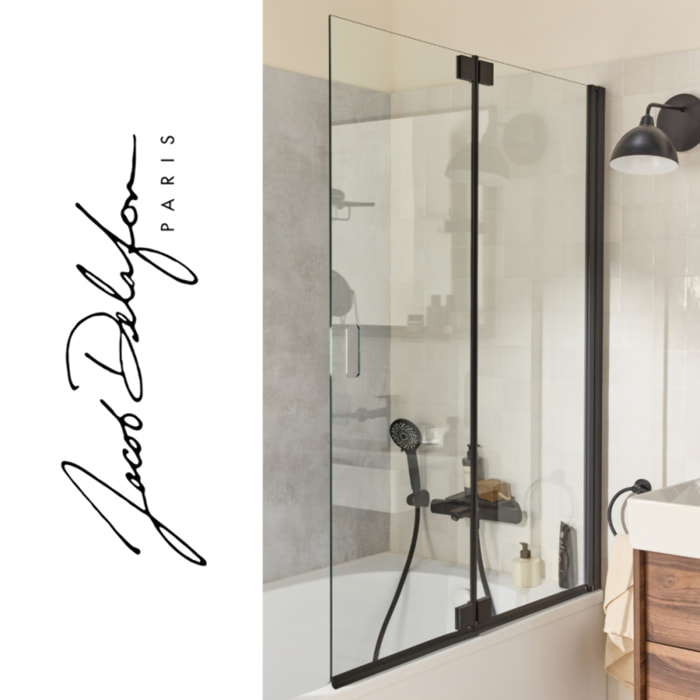 Pack baignoire bain douche 170 x 90 Bastille vidage à gauche blanc mat + tablier en niche + pare-bain noir