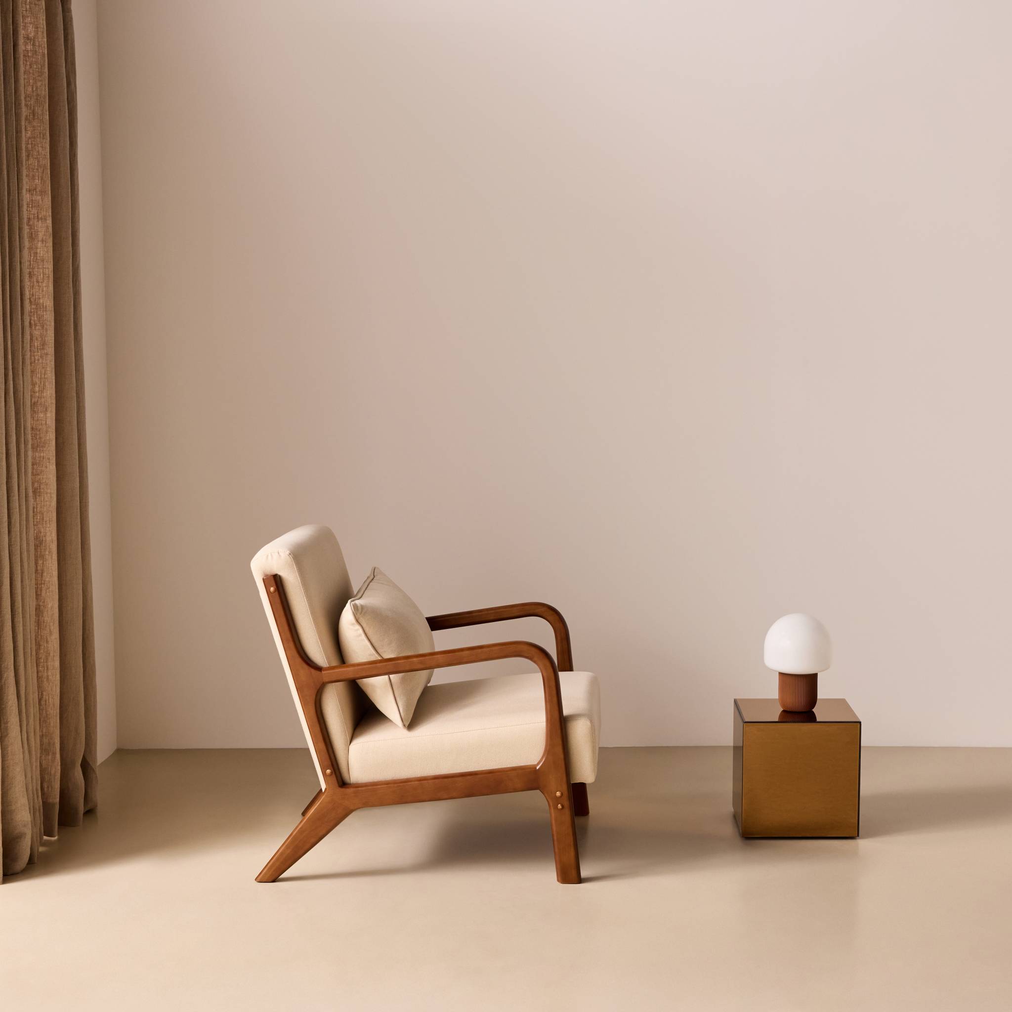 Fauteuil scandinave bois d'hévéa teinté noyer et tissu LORENS