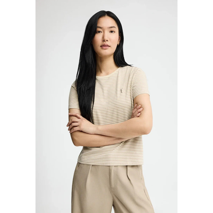 Maglietta a righe ecrù e marrone chiaro, regular fit t con ricamo Rigby Go