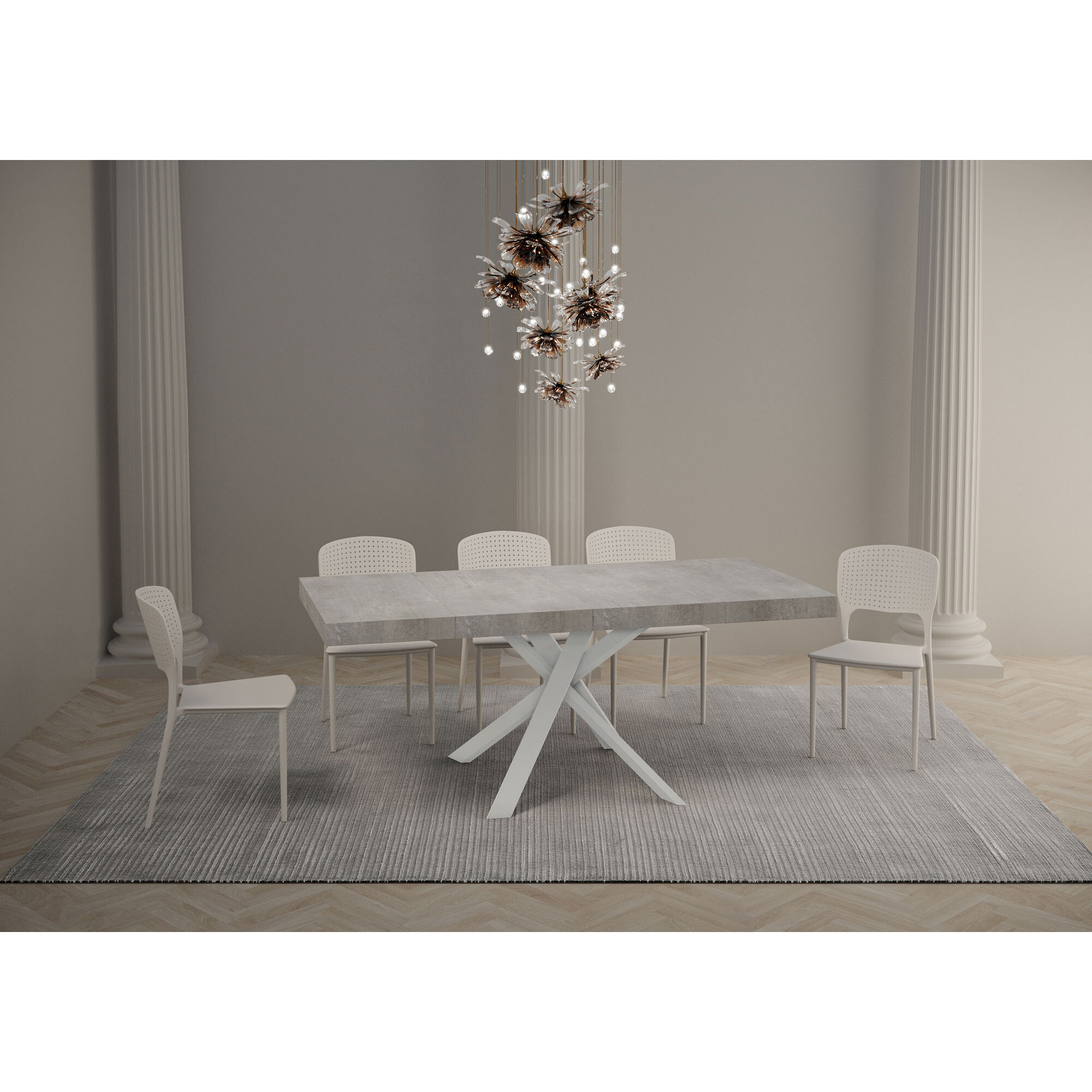 Table extensible 90x90/194 cm Clerk Premium dessus Gris Béton pieds Blancs