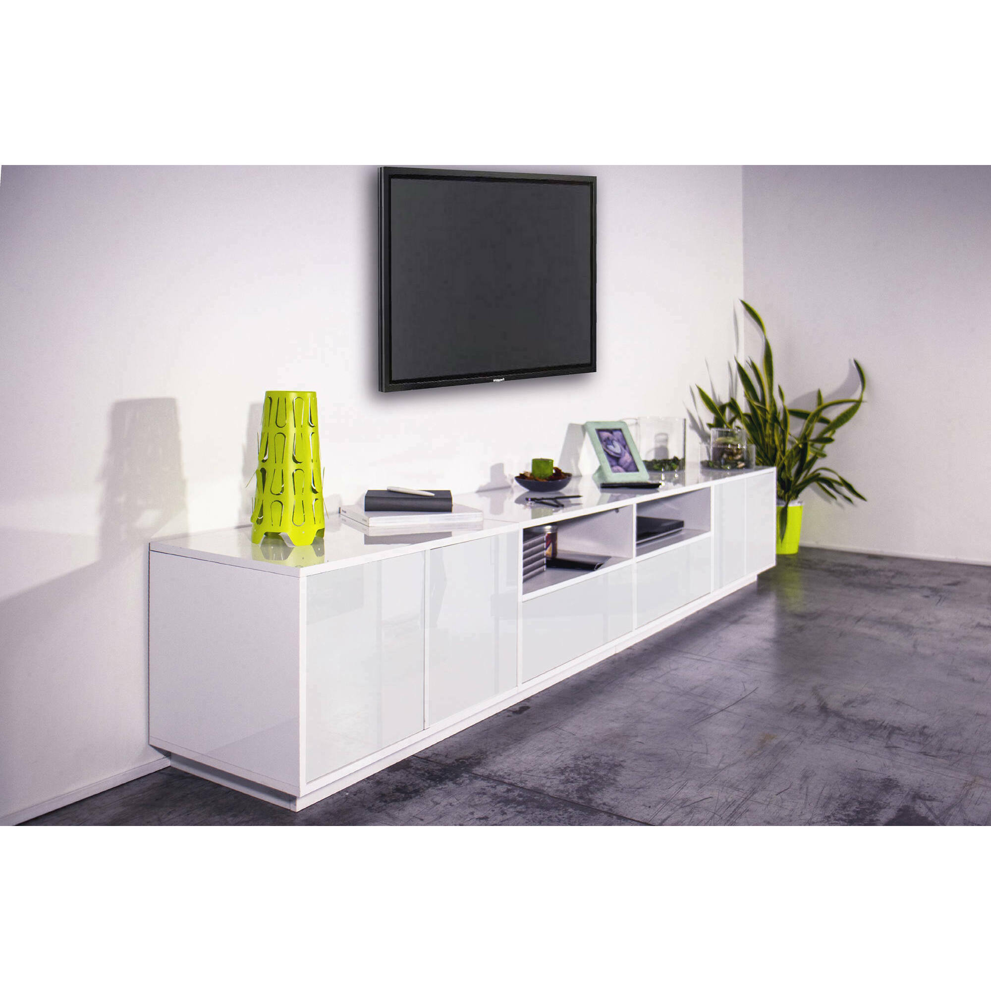 Mobile porta TV Orazio, Credenza bassa da soggiorno, Base porta TV, 100% Made in Italy, cm 260x41h46, Bianco lucido