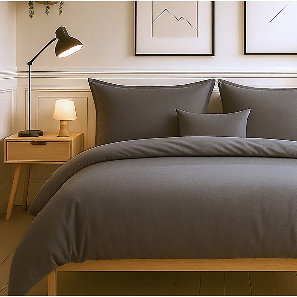 Parure Housse De Couette + 1 taie 100% Coton 57fils Gris FoncÉ