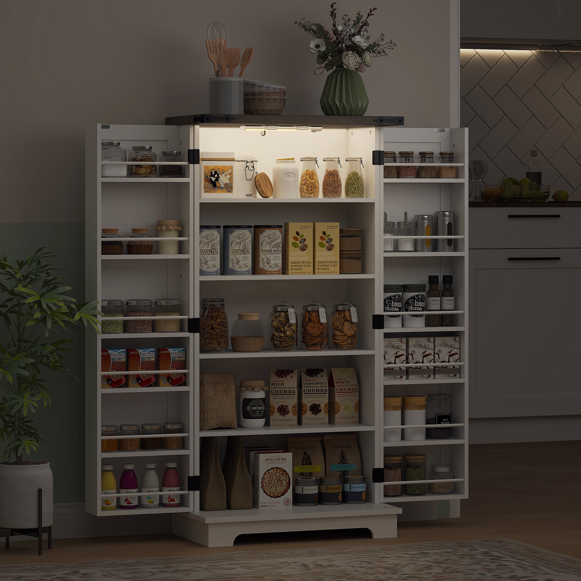 Buffet cuisine, meuble cuisine rangement, vaisselier avec 12 étagères à portes, lumière LED magnétique, double porte de grange, pour salle à manger, salon, 60 x 40 x 120 cm, blanc